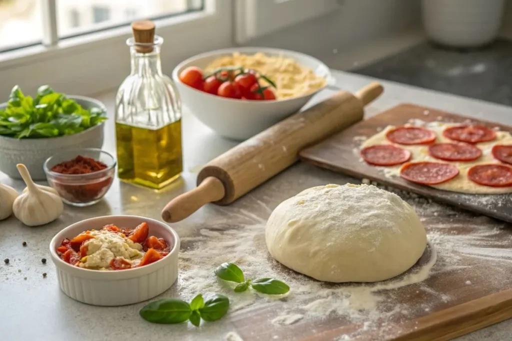 10-inch pizza with cheese and pepperoni on a wooden board