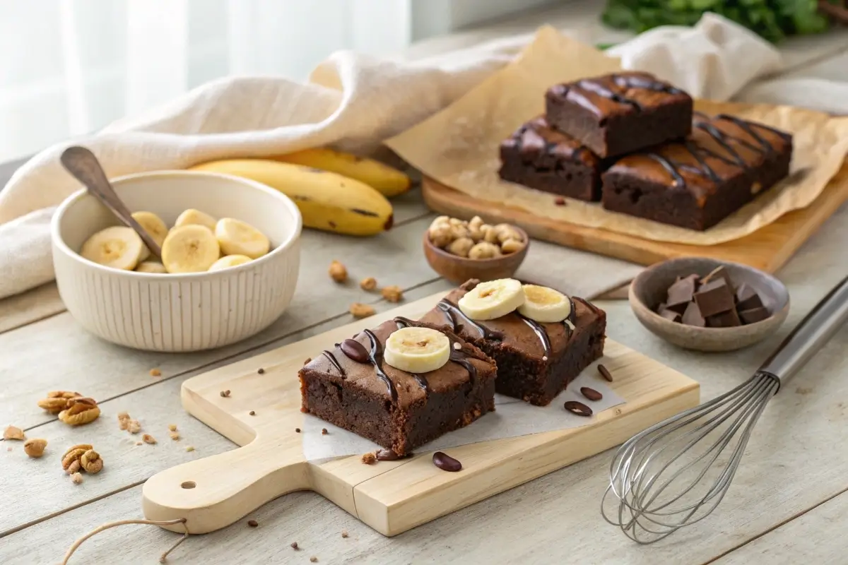 Banana brownies with chocolate chips on a wooden board