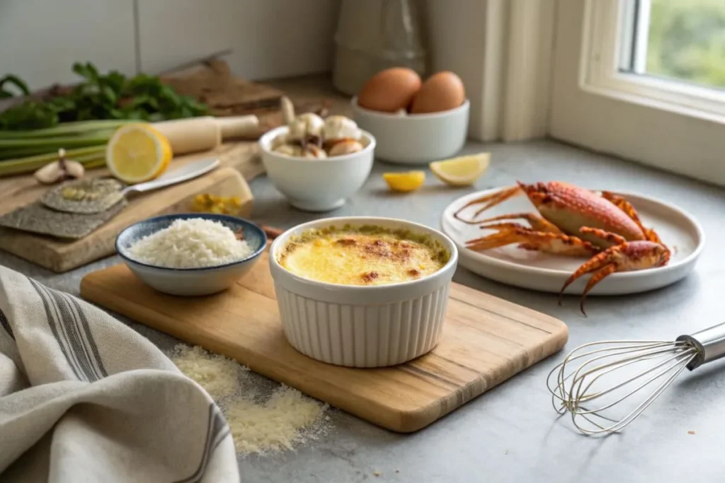 Crab brulee with caramelized sugar crust in a ramekin