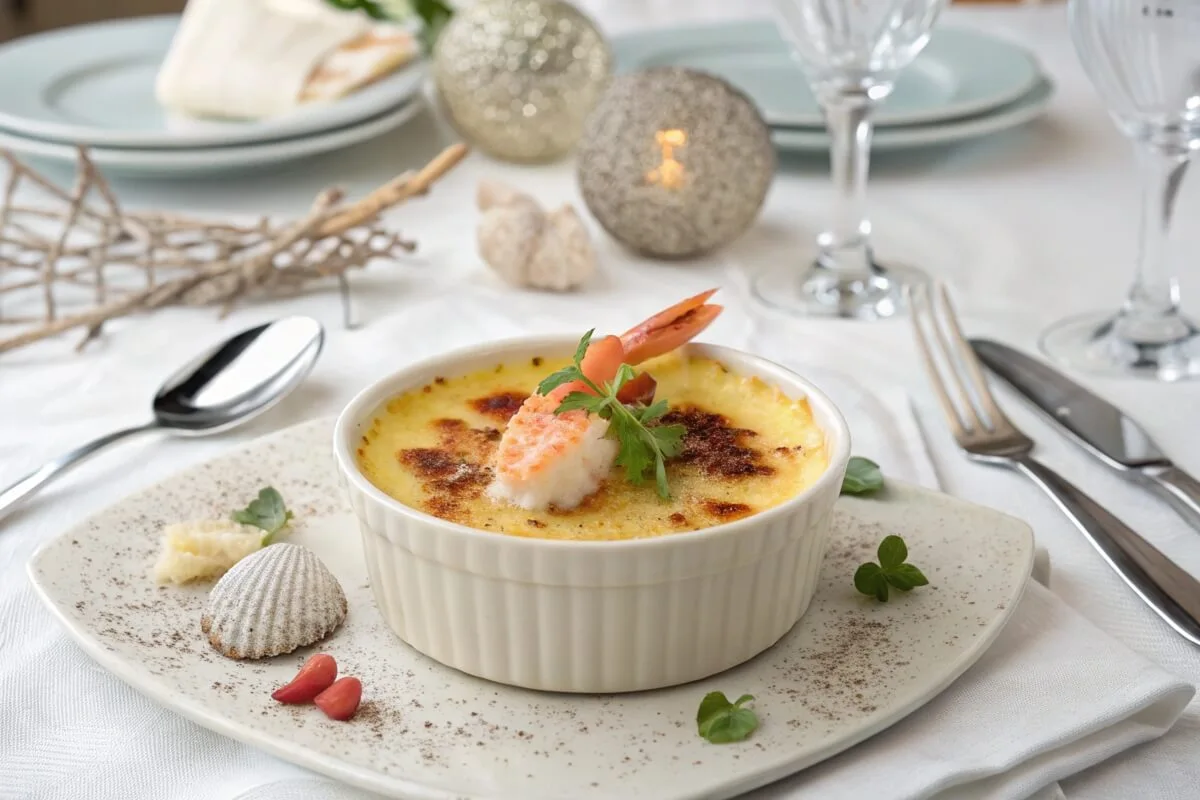 Crab brulee with caramelized sugar crust in a ramekin