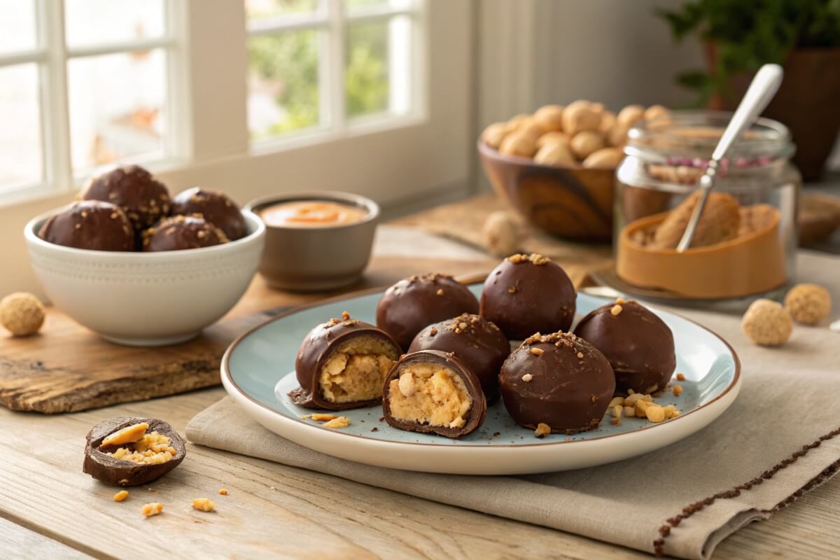 Homemade Butterfinger balls coated in dark chocolate on a plate