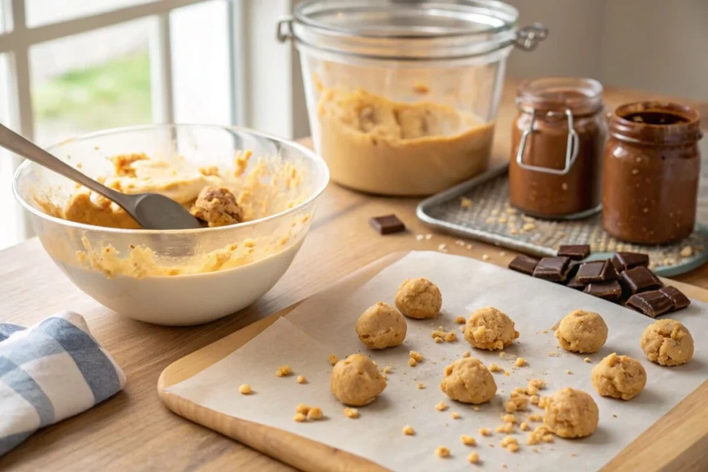 Close-up of hands rolling Butterfinger Balls on a parchment-lined tray in a cozy kitchen, surrounded by a mixing bowl with peanut butter, crushed candy, and melted chocolate on a wooden countertop.