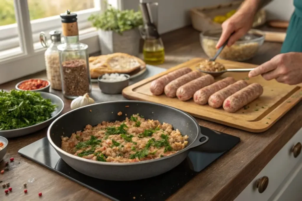 Homemade turkey sausage on a plate with roasted vegetables, a healthy and delicious alternative to traditional sausages.