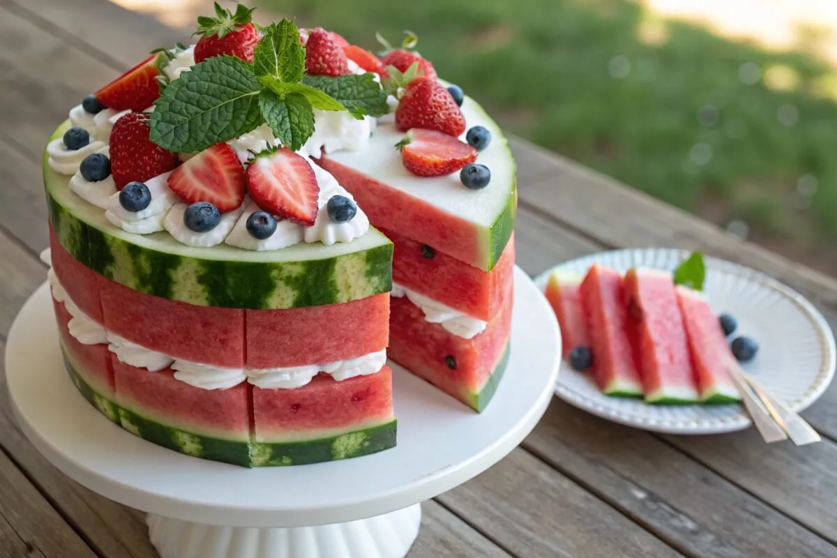 A beautifully decorated watermelon cake with fresh berries and whipped cream