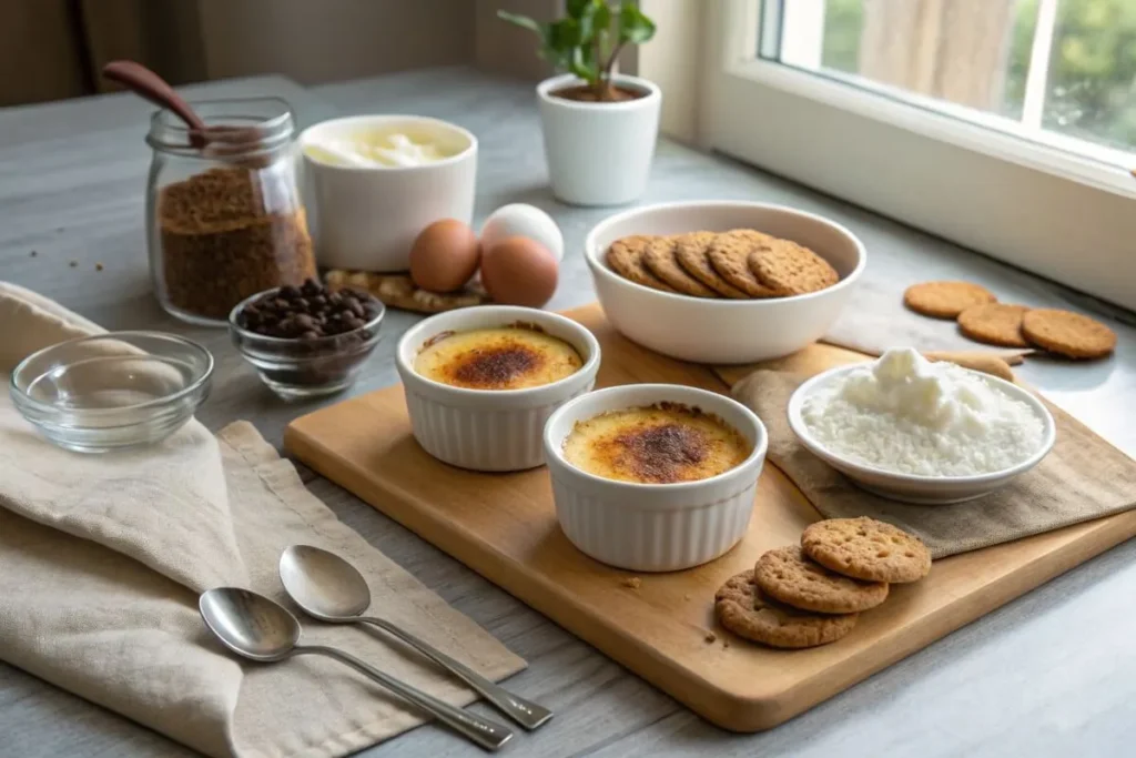 Cookies and creme brulee with a caramelized sugar topping on a wooden board.