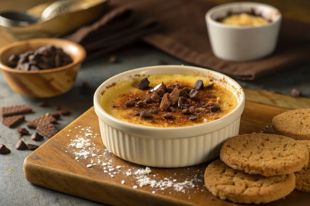 A delicious cookies and crème brûlée dessert served in a ceramic ramekin with a perfectly caramelized sugar topping, garnished with crushed cookies and fresh mint.