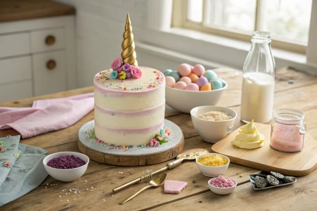 Close-up of unicorn cake horn and colorful mane