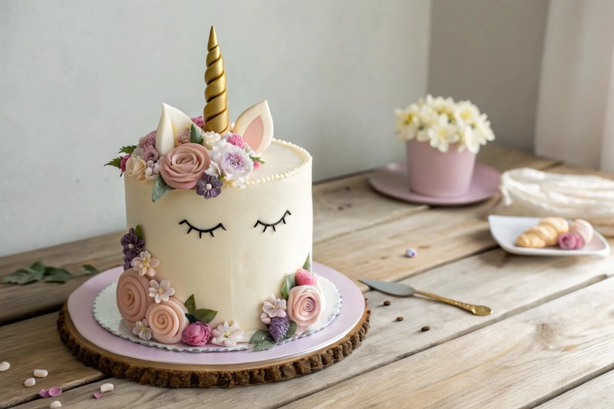 Colorful unicorn cake with rainbow layers and gold horn