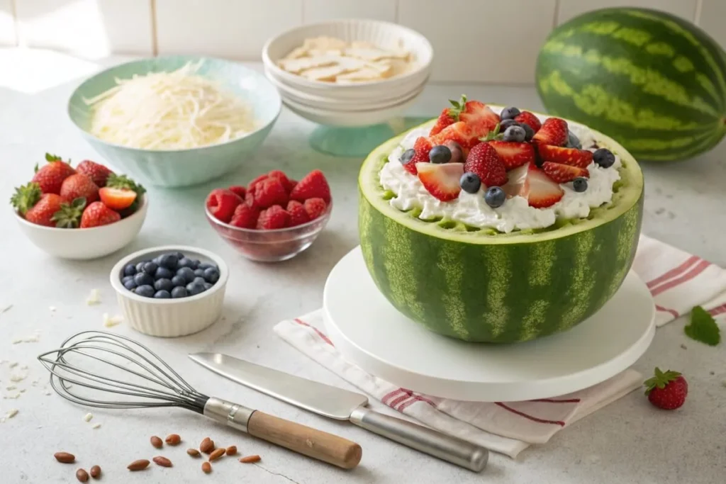 A beautifully decorated watermelon cake with fresh berries and whipped cream