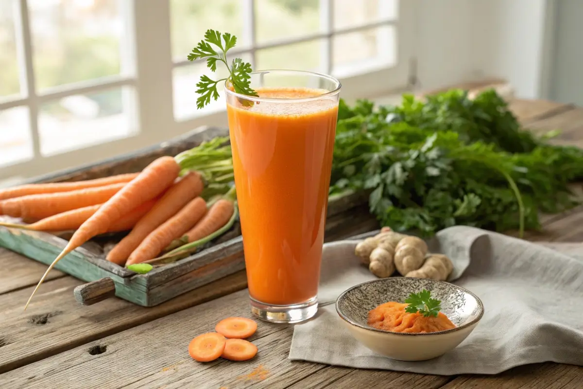 Carrot juice in a glass with parsley, carrots, and ginger on a marble countertop.