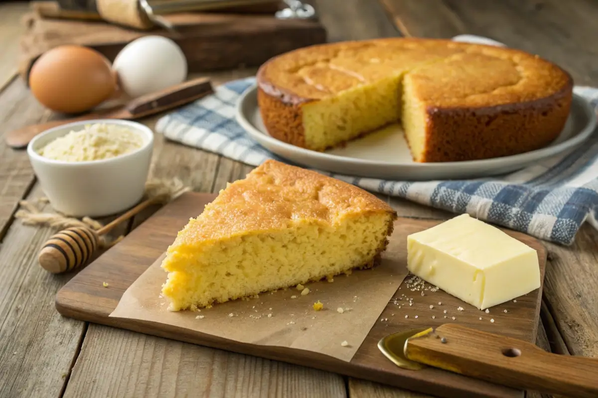 A slice of Southern cornbread with key ingredients.