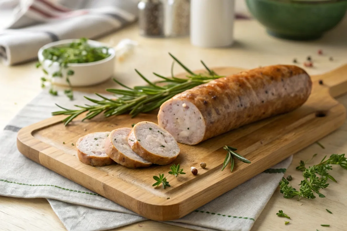 Cooked turkey sausage with a light white residue on a cutting board.