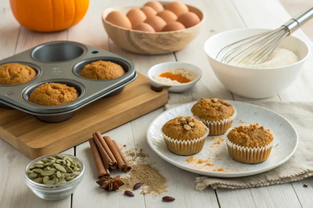 Mixing bowl with pumpkin batter and freshly baked protein pumpkin muffins on a countertop.