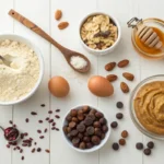 Ingredients for protein cookies arranged on a surface.