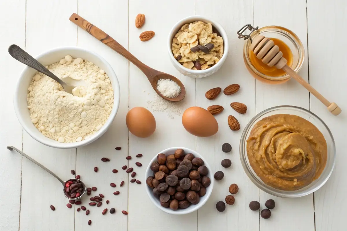 Ingredients for protein cookies arranged on a surface.