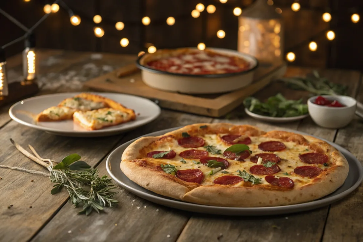 10-inch pizza with six slices on a wooden table.