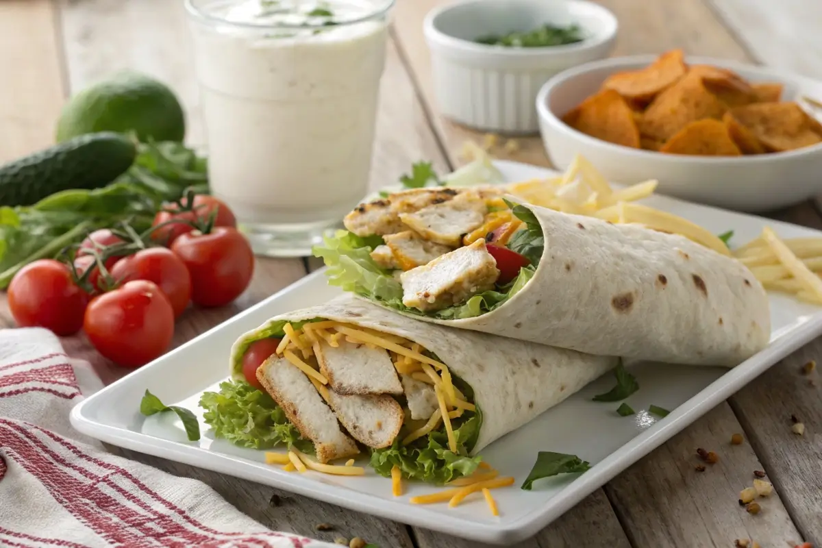 A grilled chicken wrap with chicken, lettuce, cheese, and ranch in a flour tortilla.