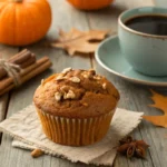 A fresh pumpkin muffin with a cracked golden-orange top on a rustic wooden table.