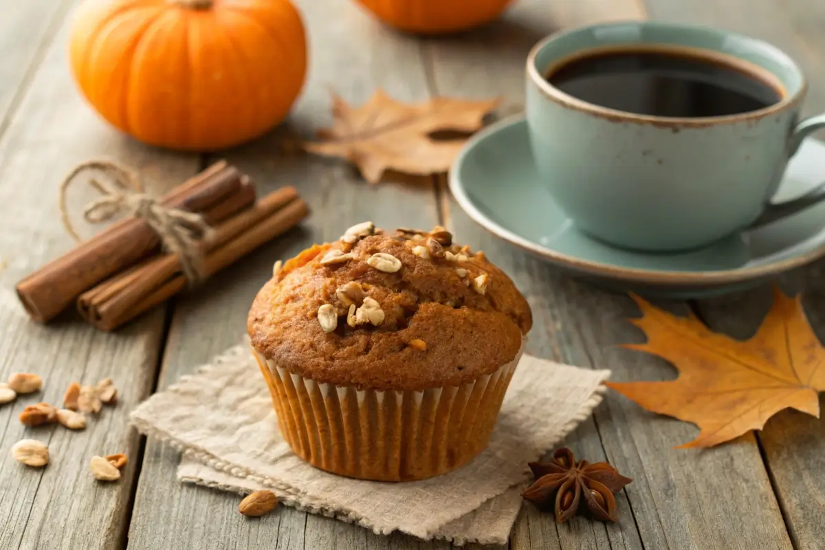 A fresh pumpkin muffin with a cracked golden-orange top on a rustic wooden table.