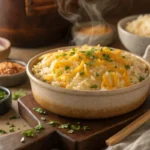 Bowl of cheesy rice with fresh herb garnish.