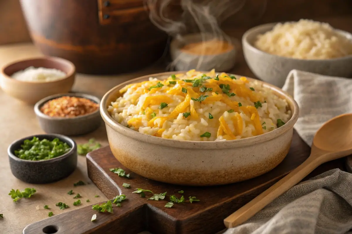 Bowl of cheesy rice with fresh herb garnish.