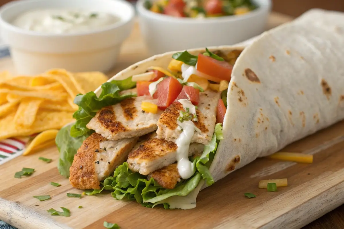 Close-up of a chicken wrap showing chicken, lettuce, tomatoes, cheese, and ranch inside a tortilla.