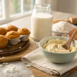 Homemade muffins with protein powder and fresh ingredients on a rustic countertop.