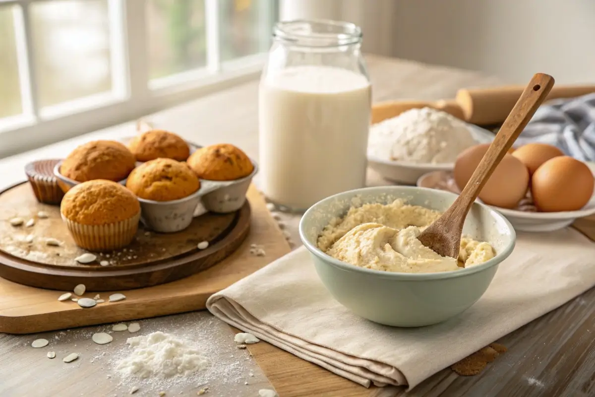 Homemade muffins with protein powder and fresh ingredients on a rustic countertop.