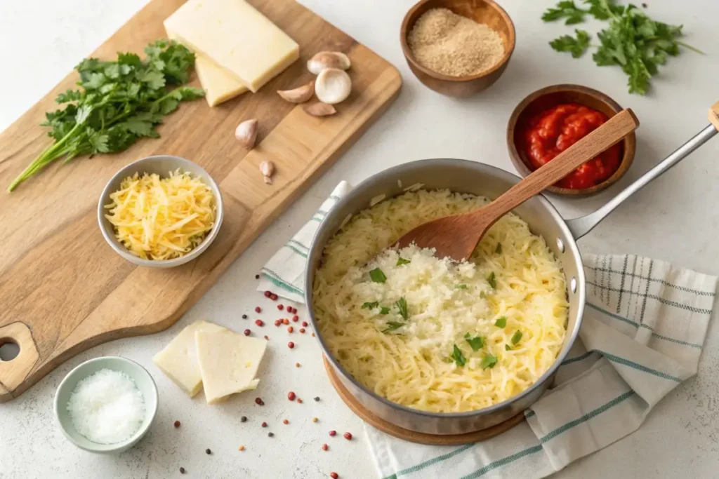 Step-by-step process of making cheesy rice with fresh ingredients.