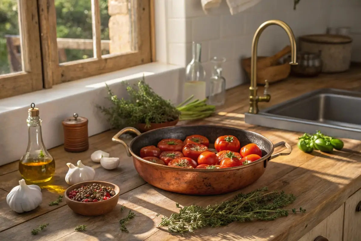 Fire-roasted tomatoes in a copper pan with fresh herbs and spices in a rustic kitchen setting.