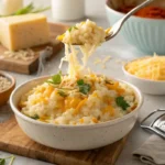 Steaming rice topped with melted cheese in a cozy kitchen setting.