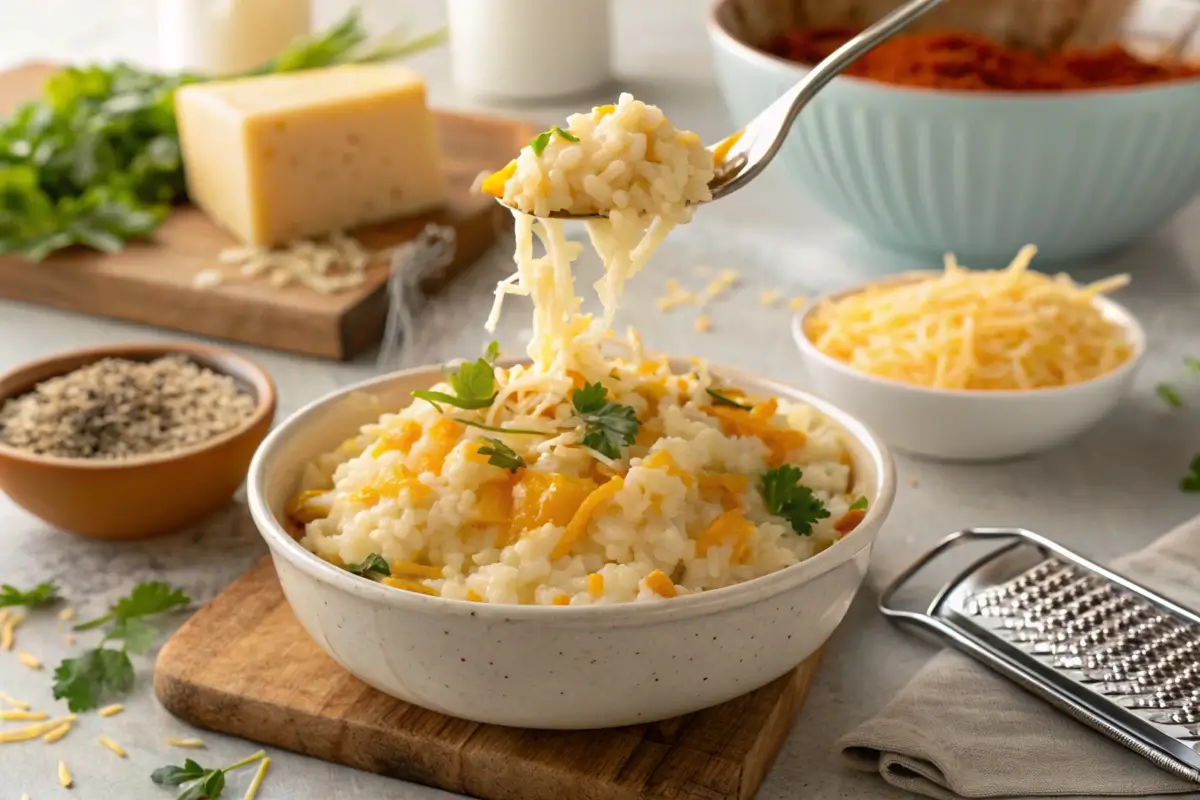 Steaming rice topped with melted cheese in a cozy kitchen setting.