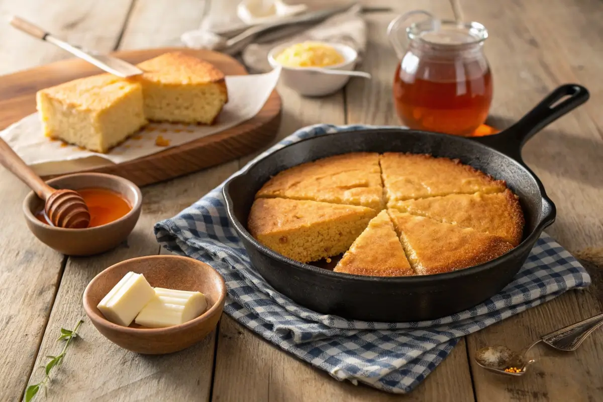 Ingredients for Southern cornbread on a rustic table.