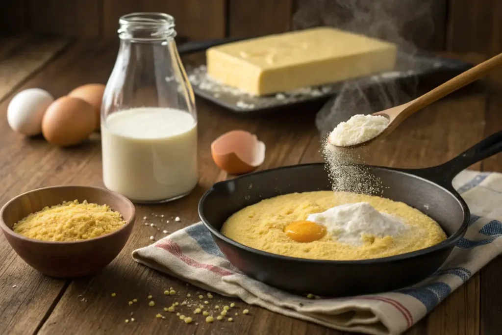 Mixing ingredients for Southern cornbread.