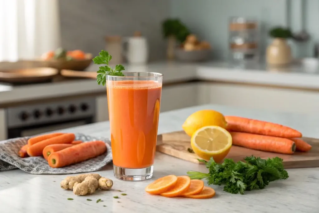 Tall glass of carrot juice with parsley garnish on a rustic wooden table.