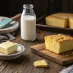 Butter, milk, and a slice of cornbread on a rustic table.