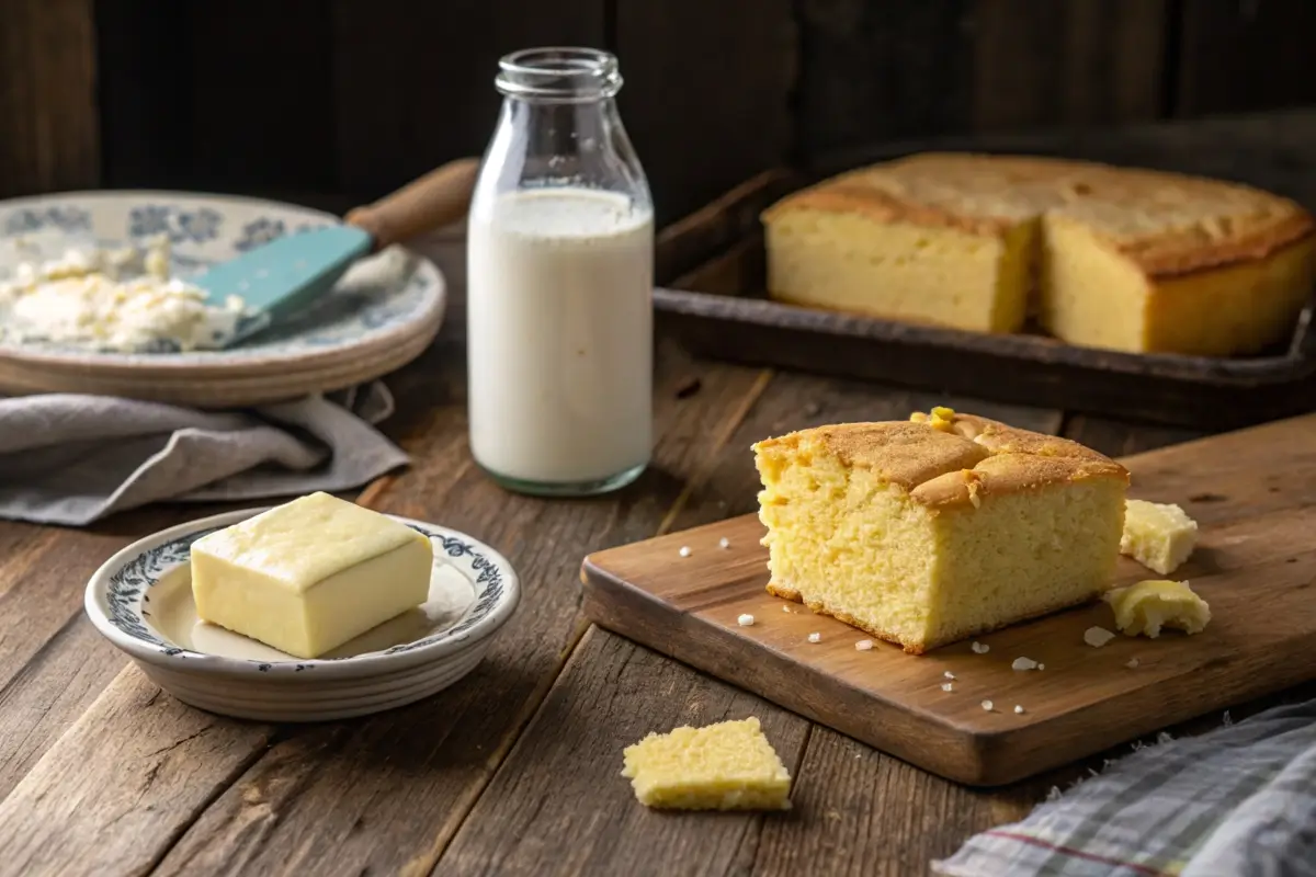 Butter, milk, and a slice of cornbread on a rustic table.