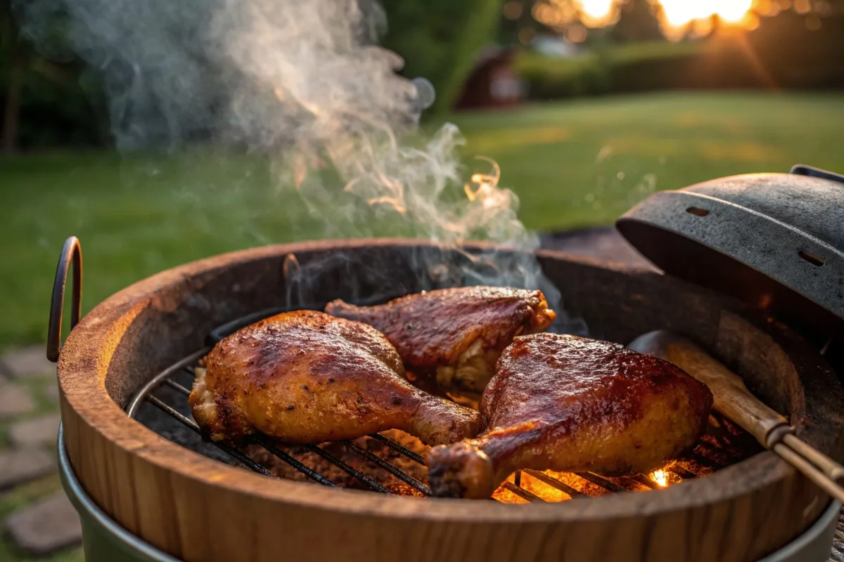 Smoked chicken thighs with golden glaze and aromatic smoke.