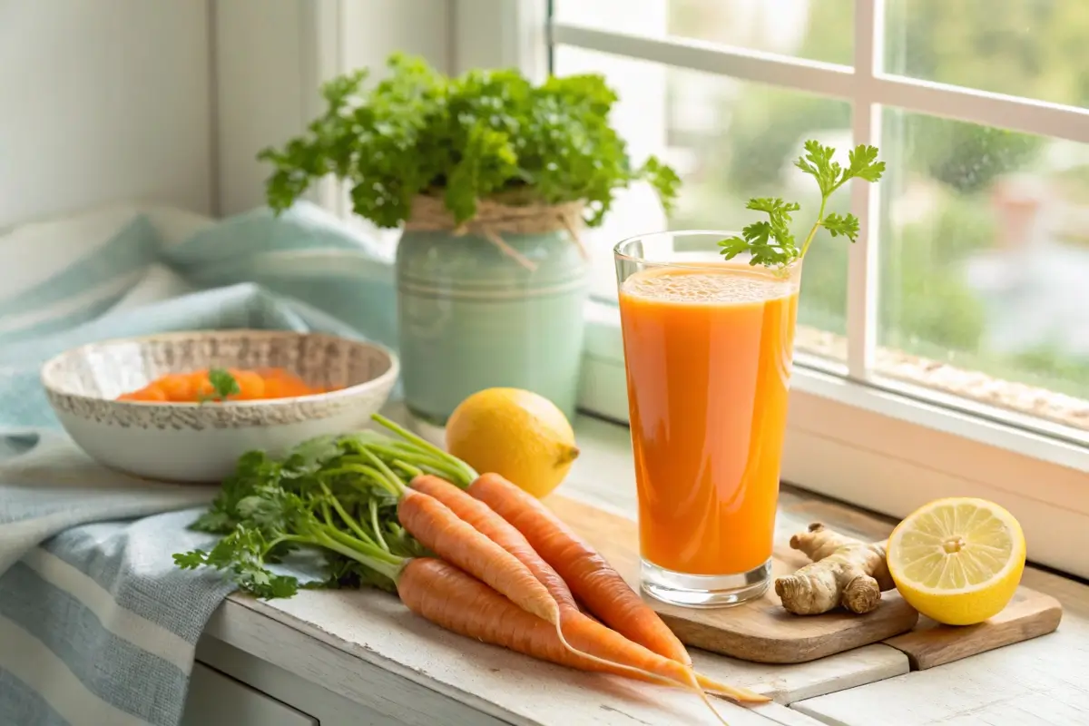 Glass of carrot juice with parsley, carrots, and lemon on a sunny windowsill.