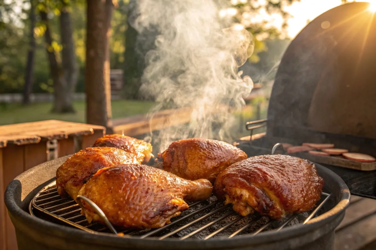 Crispy smoked chicken thighs on a grill with light smoke.