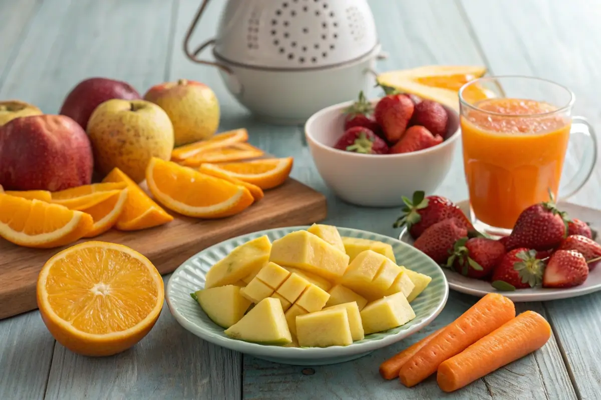 Fresh carrots paired with oranges, apples, pineapple, strawberries, and mango.