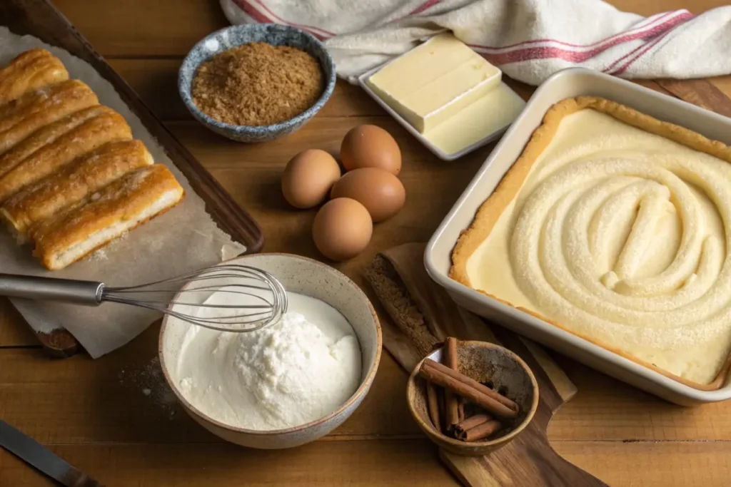 Step-by-step churro cheesecake preparation.