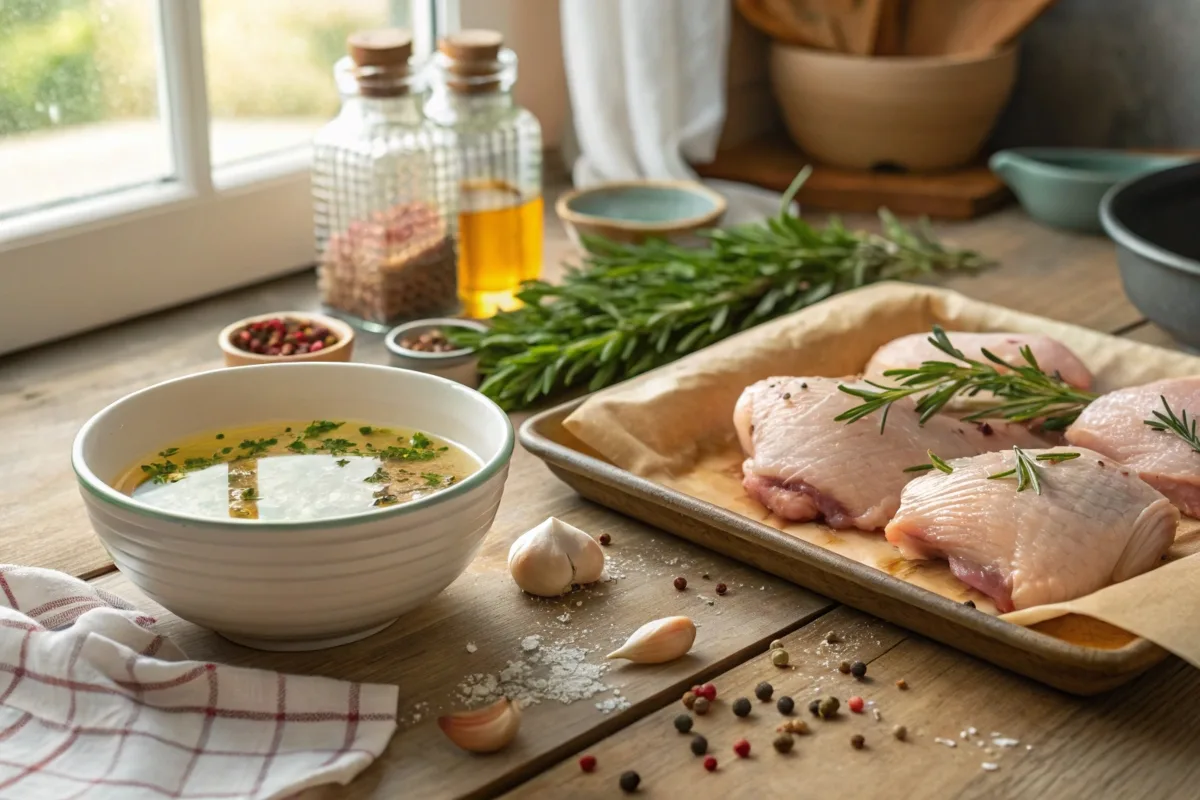 Raw chicken thighs being prepared for brining with fresh herbs and spices.