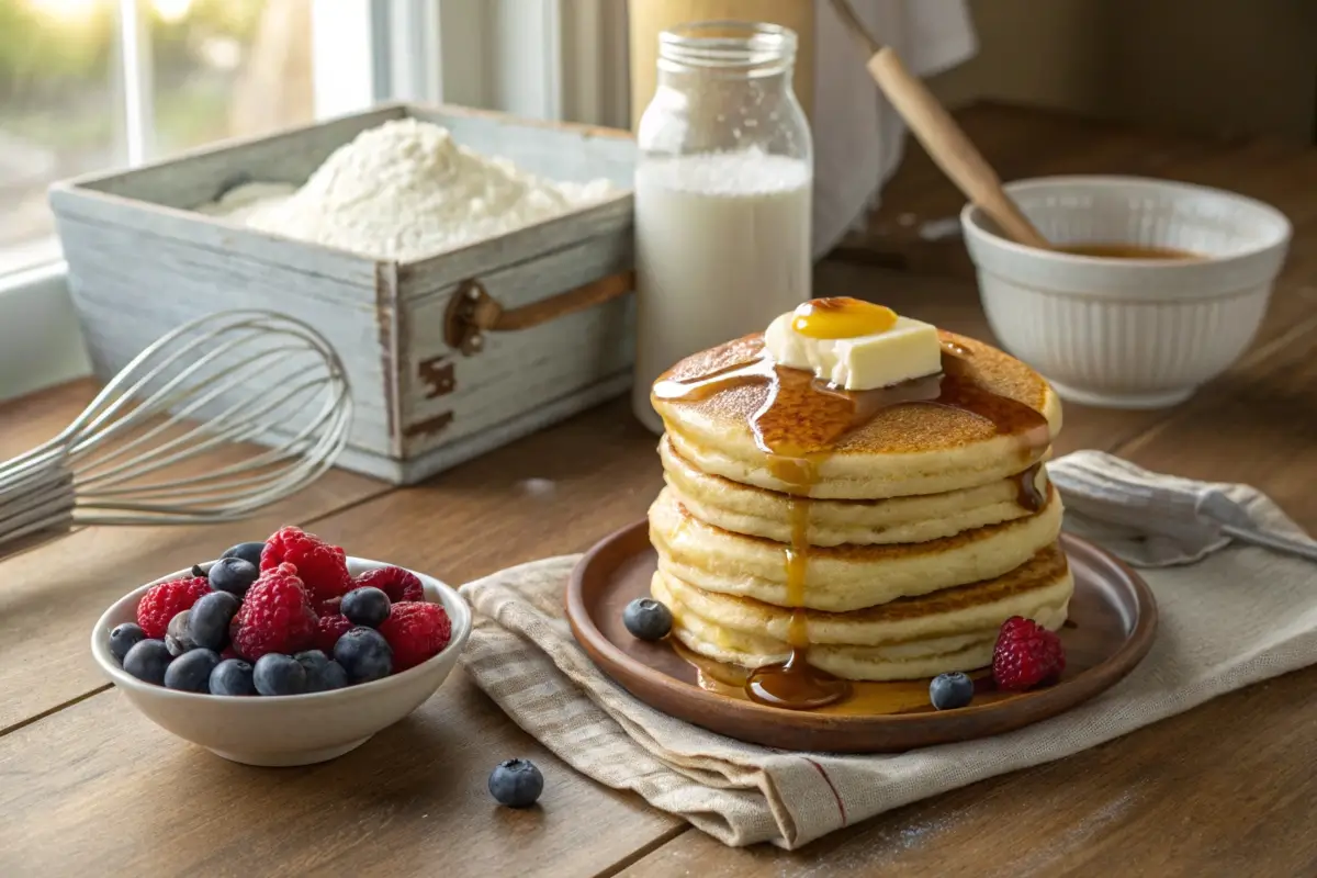 Stack of buttermilk pancakes with syrup, butter, and fresh berries on a wooden countertop.