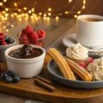 Churros with chocolate, caramel, berries, and coffee.