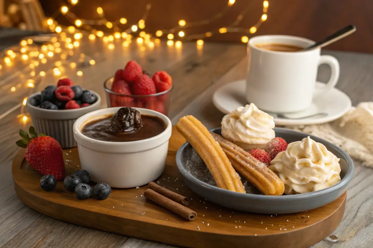 Churros with chocolate, caramel, berries, and coffee.