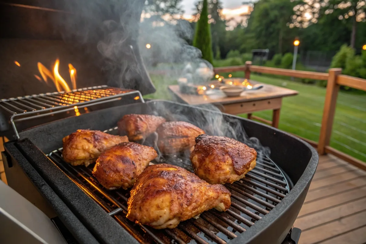 Chicken thighs on a smoker grill with golden skin and rising smoke.