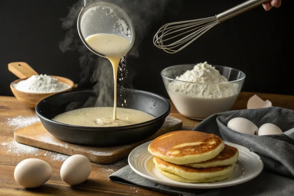 Buttermilk pancakes with ingredients like flour, eggs, and buttermilk on a rustic table.