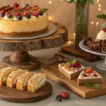 Various styles of churro cheesecake on a rustic dessert table.