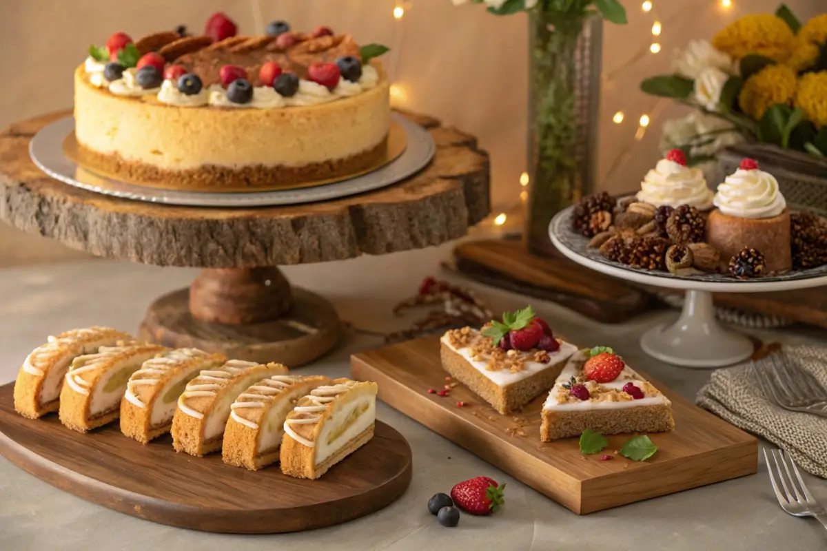 Various styles of churro cheesecake on a rustic dessert table.